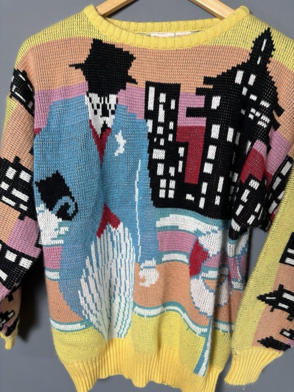 Vintage 80s Womens L City Scape Acrylic Novelty Knit Sweater by Fetagetti 1980s - Picture 3 of 6
